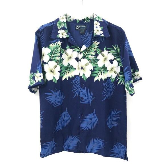 Dolphino Mens‎ Hawaiian Shirt Floral Blue White Green Short Sleeve Classic Fit M - Picture 1 of 7